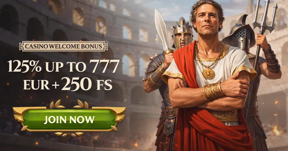 Banner featuring the 125% up to €777 + 250 free spins welcome package at Lanista Casino. 